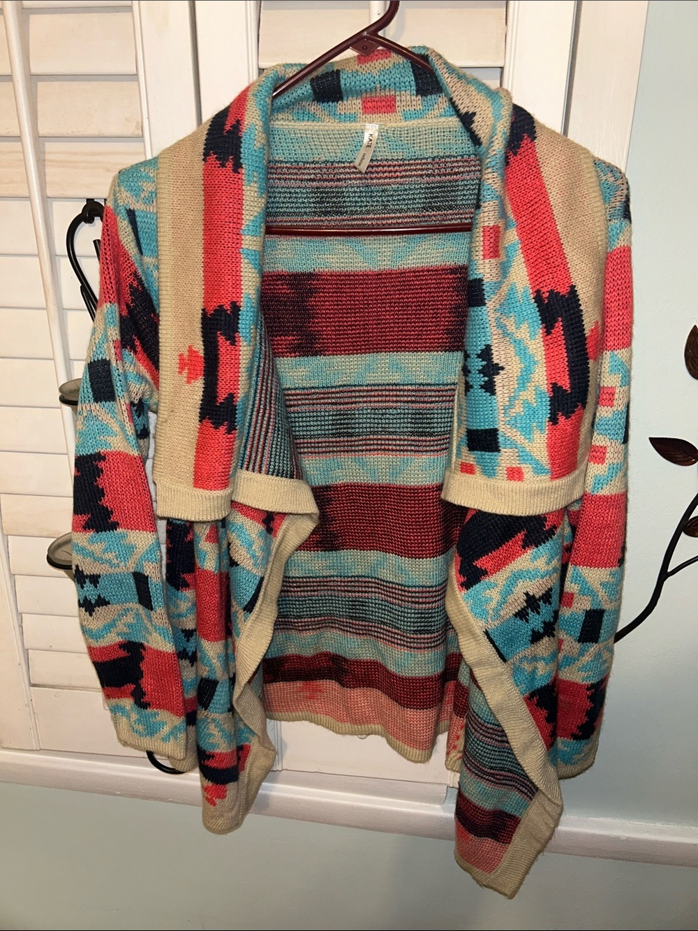 Tribal Pattern Open-Front Cardigan Sweater - Coral & Aqua